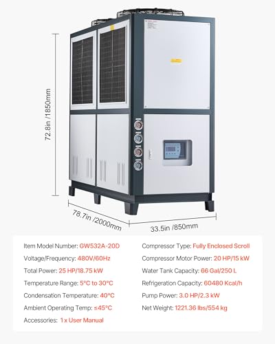 Image of VEVOR Air-Cooled Water Chiller, 25 HP, Industrial Water Chiller with 60,480 Kcal /h Cooling Capacity, Dual Compressor, 53 Gal Large Tank, LED Display, Cooler for Cooling Water, Not Air Conditioner