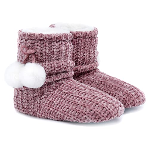 LORDFON Chenille Knit Womens Bootie Slippers with Cute Pom Pom,Comfy Winter Warm Plush Lining House Shoes,Indoor Boot Slippers for Women