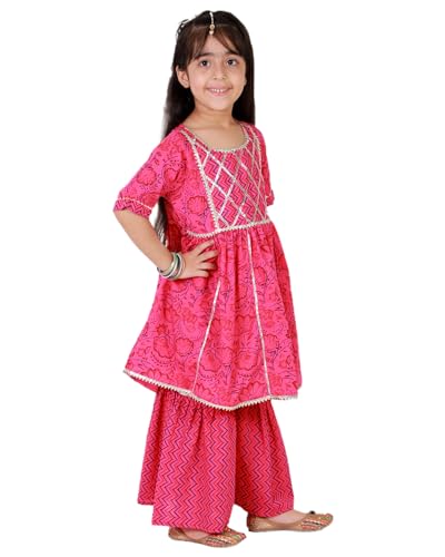 Image of superminis Baby Girl's Cotton Sanganeri /Floral Printed Frock Style Kurti With Printed Sharara Dress Clothing Set
