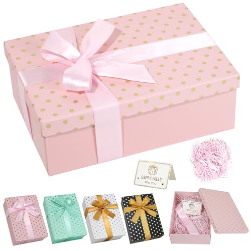 Rosa Geschenkbox mit Deckel,Groß Geschenkbox Polka Dot Muster mit Raffiapapier,Grußkarte,Schleife,25×18×8.5cm Faltbare Leere Geschenkverpackung Box für Hochzeit Geburtstag Weihnachten