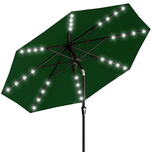 Image of AreShark 9FT Patio Umbrella with Solar Lights, 32 Lighted Pool Umbrella w /Tilt and Crank, Outdoor Market Solar Umbrellas for Garden, Deck, Backyard, Pool and Beach, Dark Green