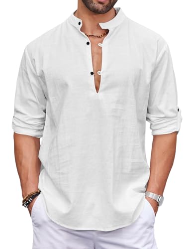 COOFANDY Camisa de Manga Larga de algodón de Manga Larga para Hombre Camisa De Playa De Verano Henley Blanco XL