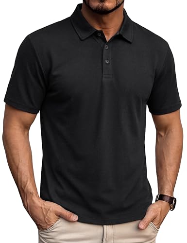 TACVASEN Mens Polo Shirts Short Sleeve Dry Fit Performance Breathable Golf Shirt with Collar Tennis Casual Business Work Black, L