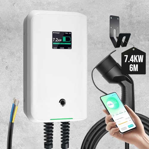 Morec ev Cargador Tipo 2 32A 7 kW con aplicación Compatible con Bluetooth y conexión WiFi ev estación de Carga IEC 62196-2 Enchufe estándar y con Cable de alimentación a la Caja de distribución ...