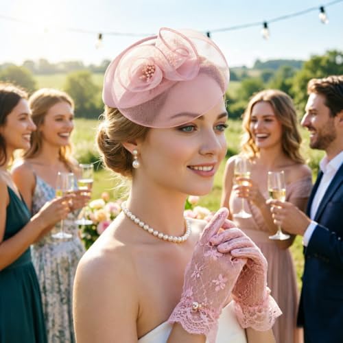 Image of DRESHOW Fascinator Hats for Women Cocktail Tea Party Hat Netted Pillbox Hat Vintage Derby Hats for Bridal Wedding