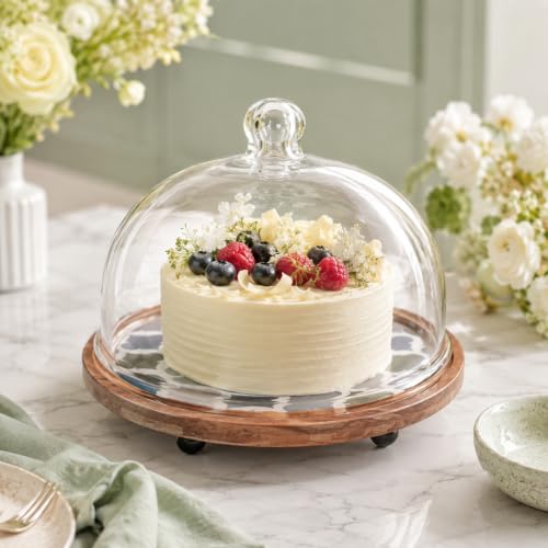 Image of Frosty Bliss Acacia Wood Cake Stand glass Dome | Glass Dome Lid Cake Plate | Multipurpose Serving Stand for Wedding Birthday Parties | Dessert Pastry Display