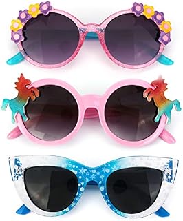 Hifot 3 Pieces Kids Sunglasses, Unicorn Round Shaped Snowflake Cute Party Dress up Glasses for Girls Boys Age 3-10