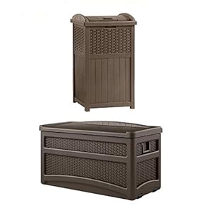 Suncast 73 gallon deck box wicker trash hideaway outdoor garbage bin java  urban country home decor