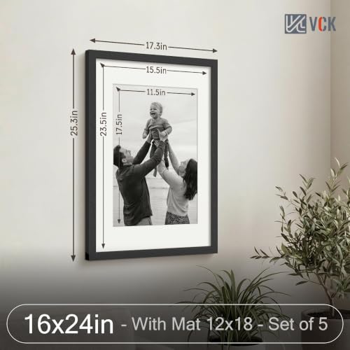 Image of VCK 16x24 Picture Frame 5 Pack, Black Wood, 12x18 Mat, for Gallery Wall
