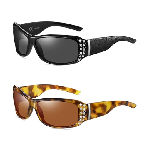 Wzerry Polarized Sunglasses for Women Rhinestone Wrap Around Sunglasses Trendy Bling Sunglasses UV400 Protection for Driving