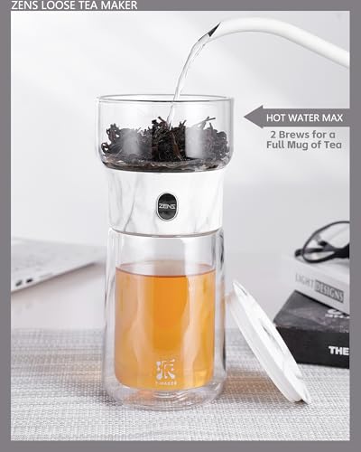 Image of ZENS Modern One Touch Tea Maker, Glass Teapot with Infuser for Loose Leaf Tea Diffusers, Mess-Free Smart Pouring with Insulated Mug and Portable Tea Kits for Tea Lover Gifts