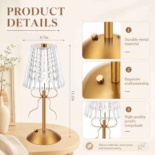Image of Liliful 2 Pcs Cordless Table Lamp Rechargeable Touch LED Small Gold Portable Battery Operated USB-c Desk Lamp 3 Color Dimmable for Bedroom Living Room Dining (Gold,Classic Style Bow)