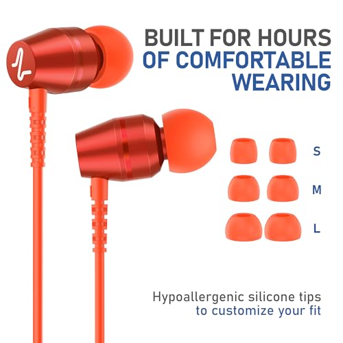 Image of LUDOS OMNITONE Wired Earbuds in-Ear Headphones, 5 Year Warranty, Earphones with Microphone, 3.5 mm Jack Corded Ear Buds, Videoconference for iPhone, Samsung, Laptop, Kids, School Students - Coral