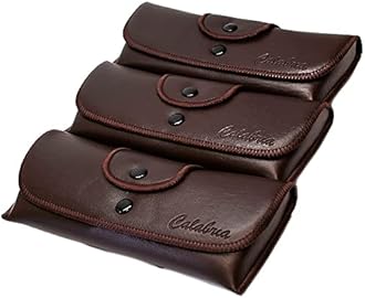 Calabria Double Snap Belt Loop Eyeglass Case PU Leather Brown 3Pack Old School Eye Glasses Pouch Semi-Hard Sunglass Holder