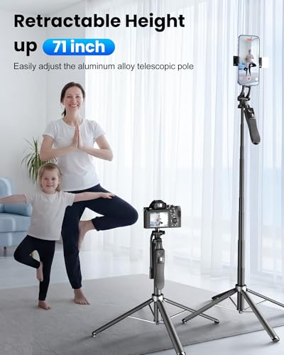 Image of 71 inch Selfie Stick Tripod with Reinforced 4-Leg Tripod Stand for Phone, 360 Rotatable Handle, Rechargeable Fill Light & BT Remote. Aluminum Alloy Ultimate Stabilitya for Smartphones, GoPro
