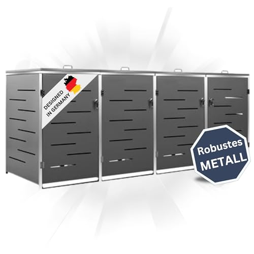 DELUKE 4er Mülltonnenbox JAGU Edelstahl | Anthrazit | 115,5x276,5x77,5cm | Mülltonnenverkleidung für 4 Tonnen 240L Müllbox aus Metall Mülltonnenschutz...