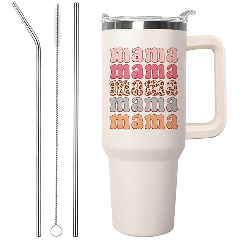 Ceovfoi 40 oz Mama Vacuum Insulated Water Bottle Travel Coffee Mug Cup Tumbler with Handle Lid and Straw, Mothers Day Gifts from Daughter, Birthday Gifts for Mom