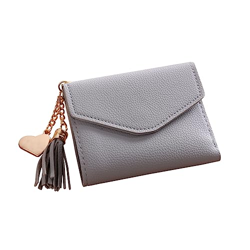 SAFIGLE Women Light Grey Mini Trifold Wallet with Tassel Pendant Pu Leather Cash Holder for Cards Elegant Grain Design for Everyday Use