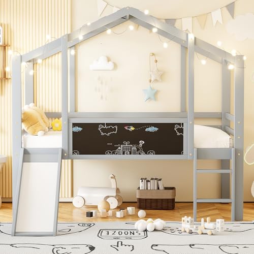 Merax Kinderbett 90×200 cm, Hochbett aus Massivholz, im Haus-Design mit Rutsche, Graffiti-Tafel, Multifunktionsbett, Einzelbett, platzsparendes Spielbett für Kinderzimmer, Grau (ohne Matratze)