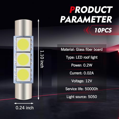 10 luces LED para visor de auto T6 28MM 12V 5050 3SMD blancas miniatura 2