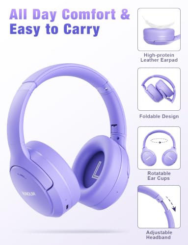 Image of RUNOLIM Hybrid Active Noise Cancelling Headphones, Wireless Over Ear Bluetooth Headphones with Microphone, 100H Playtime, Foldable Headphone with HiFi Audio, Deep Bass for Home Travel Office(Purple)