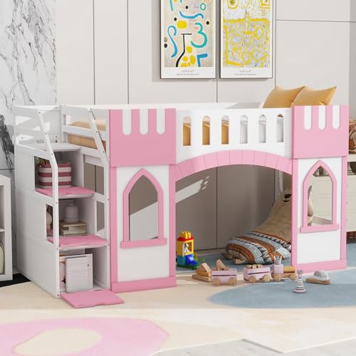 RuiSiSi Twin Size Low Loft Bed with Staircase and Window, Wooden Castle Shape Loft Bed Frame with Storage, Cute Loft Bed Twin for Kids, Pink
