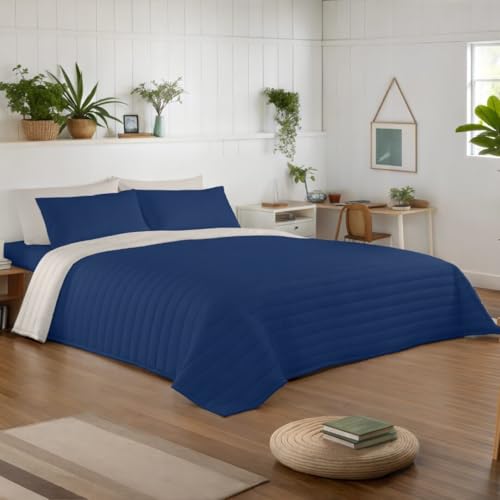 NATURALS - Colcha Bouti Reversible Bicolor | Cama 135/150 (250x260 cm) | Microfibra Extrasuave | Cubrecama Acolchado a Líneas | Ideal Primavera y Verano | Azul/Piedra