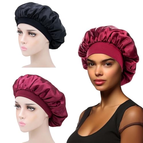 iLamvie - Gorro de raso para el pelo nocturno, 2 pares, gorro de seda para el cabello, noche, para el cabello, para la noche, para el pelo largo y rizado (negro+rojo)