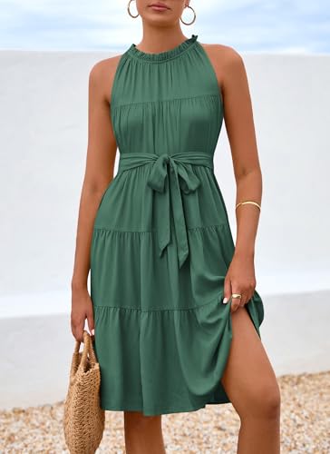 Okiwam Womens Summer Halter Dresses Sleeveless A Line Tiered Swing Mini 2025 Fall Casual Boho Beach Vacation Sundress