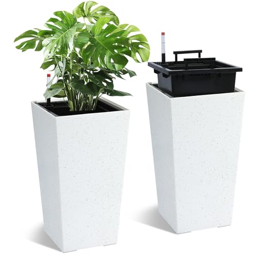 Set of 2 Tall Planters, 22.5' Outdoor & Indoor Black/White Pots, High Front Porch Planters...
