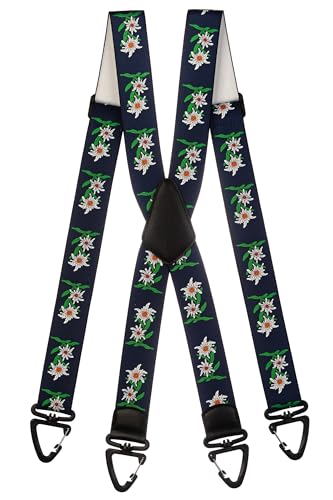 Olata Robuste X-Hosenträger mit Kunststoff-Karabinerhaken und Edelweiß Muster – 4 cm. Dunkelblau