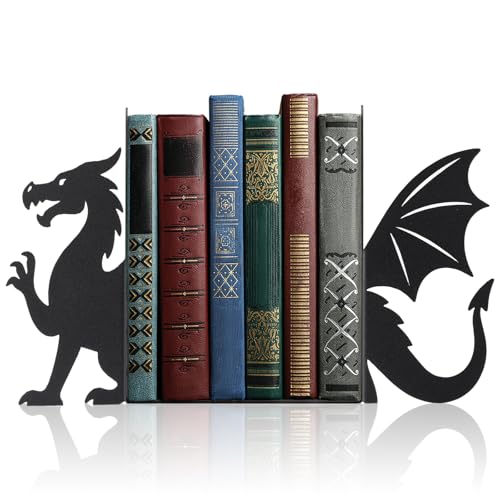 Geelin Dragon Metal Bookends Set of 2 Styles Fantasy Book Ends for Shelves Bookshelf Home Office Desk Bookshelf Decor Gift for Dragon Lovers and Reading Enthusiasts