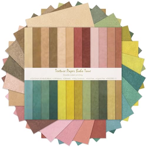 24 Sheets Scrapbook Paper 12x12in Double-Sided Bohemian Patterned Craft Paper 24 Designs Boho Tone Scrapbook Journaling Supplies for Decorative Junk Journals Card Making Collage Art