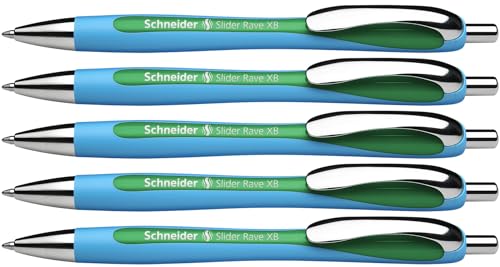 Schneider Slider Rave XB (Extra Broad) Ballpoint Pen, Refillable + Retractable, 1.4 mm, Light Blue Barrel, Green Ink, Box of 5 Pens (132504)
