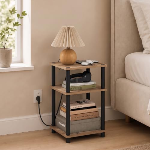 Image of Furinno Just 3-Tier Night Stand with Charging Station, Brown Oak | USB and Type-C Charging Port, Open Shelf Bedside Table, Side Table, End Table, for Living Room, Bedroom