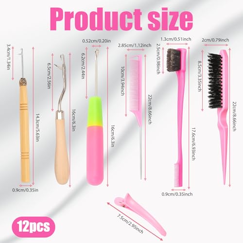 Crochet Hooks for Hair, 12-Piece Braiding Tool Kit with Wooden Handle Hook, Openwork Stitch Hook, Large Plastic Handle Hook, Pink 8-Piece Set, Hair Crochet Hook Needles for Hair Styling