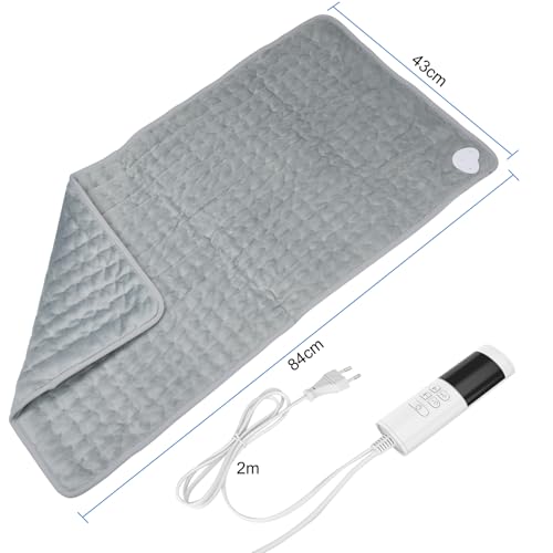 Heizkissen mit Abschaltautomatik, 84 x 43 cm Elektrisches Wärmekissen mit Schneller Heiztechnik und Timer, Sicheres Wärmepads aus Weiches Flanell für Rücken Nacken Schulter, Grau