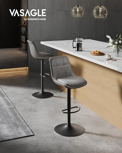 VASAGLE Bar Stools Set of 2 Kitchen Chair Adjustable Height Swivel Seat PU Padded Seat with Backrest and Footrest Dining Room Counter Top Steel Dove Grey LJB095G01