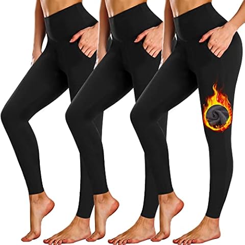 NEW YOUNG 3 Pack Fleece Lined Leggings with Pockets for Women,High Waisted Tummy Control Workout Thermal Yoga Pants Cover