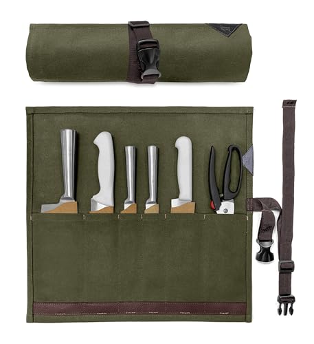 Under NY Sky Estojo Porta Faca - 6 Bolsos, Case em Lona Parafinada Grossa, Reforço de Couro - Bolsa Rolo Porta Faca - Chef, Grill, Churrasco - Verde
