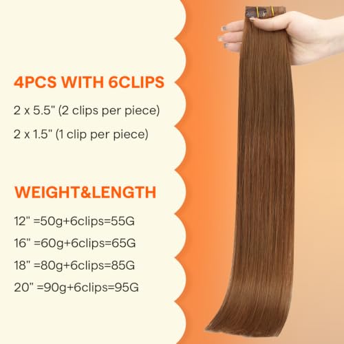 Image of Full Shine Copper Clip in Hair Extensions, Straight Human Hair | Clip in Hair Extensions, 18 Inch 85g 4 Pcs, Part Line Coverage, Easy to Blend, Weekend Party, Shoulder-Length Hair
