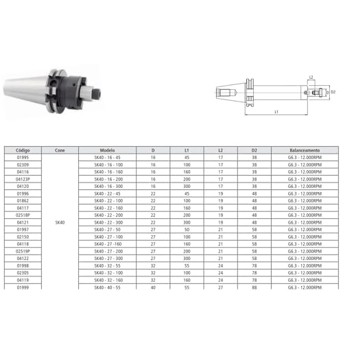 Porta Fresa Facear Modelo SK40-16 - 45 - DIN 69871/ DIN 3937