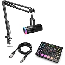 FIFINE Gaming Streaming Bundle with XLR Microphone Kit, PC Mixer, XLR Cable 10ft, Dynamic Mic with Gain Knob, Mute Button, RGB Audio Mixer Set with Individual Control, Volume Fader for Vocal Recording