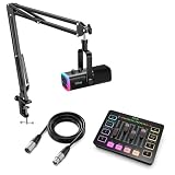 FIFINE Gaming Streaming Bundle with XLR Microphone Kit, PC Mixer, XLR Cable 10ft, Dynamic Mic with Gain Knob, Mute Button, RGB Audio Mixer Set with Individual Control, Volume Fader for Vocal Recording