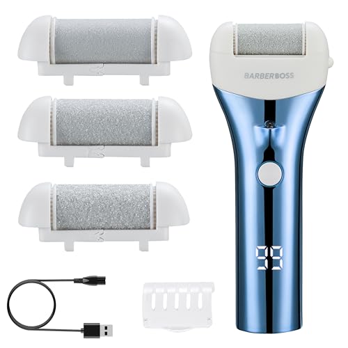 Immagine prodotto: Barberboss Lima elettrica per piedi e calli, con 3 testine a rullo, display a LED, ricarica USB e design impermeabile, per rimuovere la pelle dura e pedicure (blu)