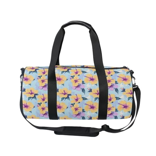 Yellow Hibiscus Flower Sports Duffel Bag Barrel Gym Bag with Large Main Compartment, Side Pocket and Zippered Pouch Full Print Design for Fitness Short Trips and Outdoor Sports2