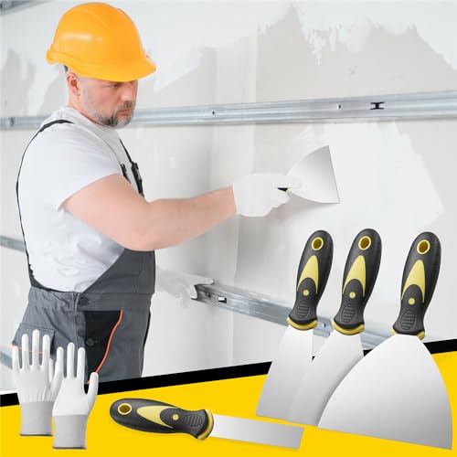 4 Pcs Putty Knife Set with Gloves, 1“ 2” 3“ 5” Stainless Steel Paint Scraper, High Quality Putty Knife, Spackle Knife, Suitable for Removing Wallpaper, Tape, Applying Putty Scraper Tool - Thumbnail 2