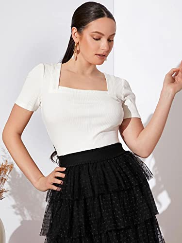 Image of Shasmi Women Polycotton Regular Fit Solid Knitted Square Neck T-Shirts Short Puff Sleeve Tops (TOP 52)