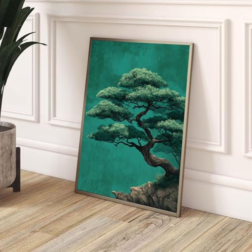 Toile bonsaï art mural asiatique, affiche botanique verte et fresque paysage naturel 70x100