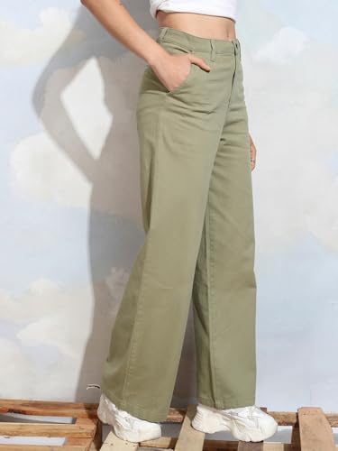 Image of Tokyo Talkies Pure Cotton Flared Wide Leg Trousers | Mid-Rise with Side Pockets|Casual Pants